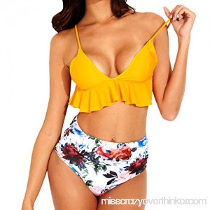 YOFIT Sexy Women Floral High Waisted Ruffle Bikini Set V Neck Printed Two Pieces Swimsuit Yellow Floral B07N2M2XMV